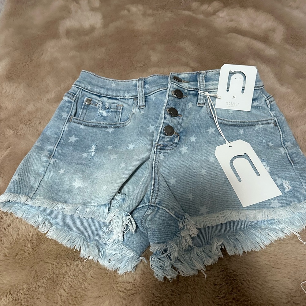 Nature Denim Women's Light Blue Star-Patterned Jean Shorts M NWT